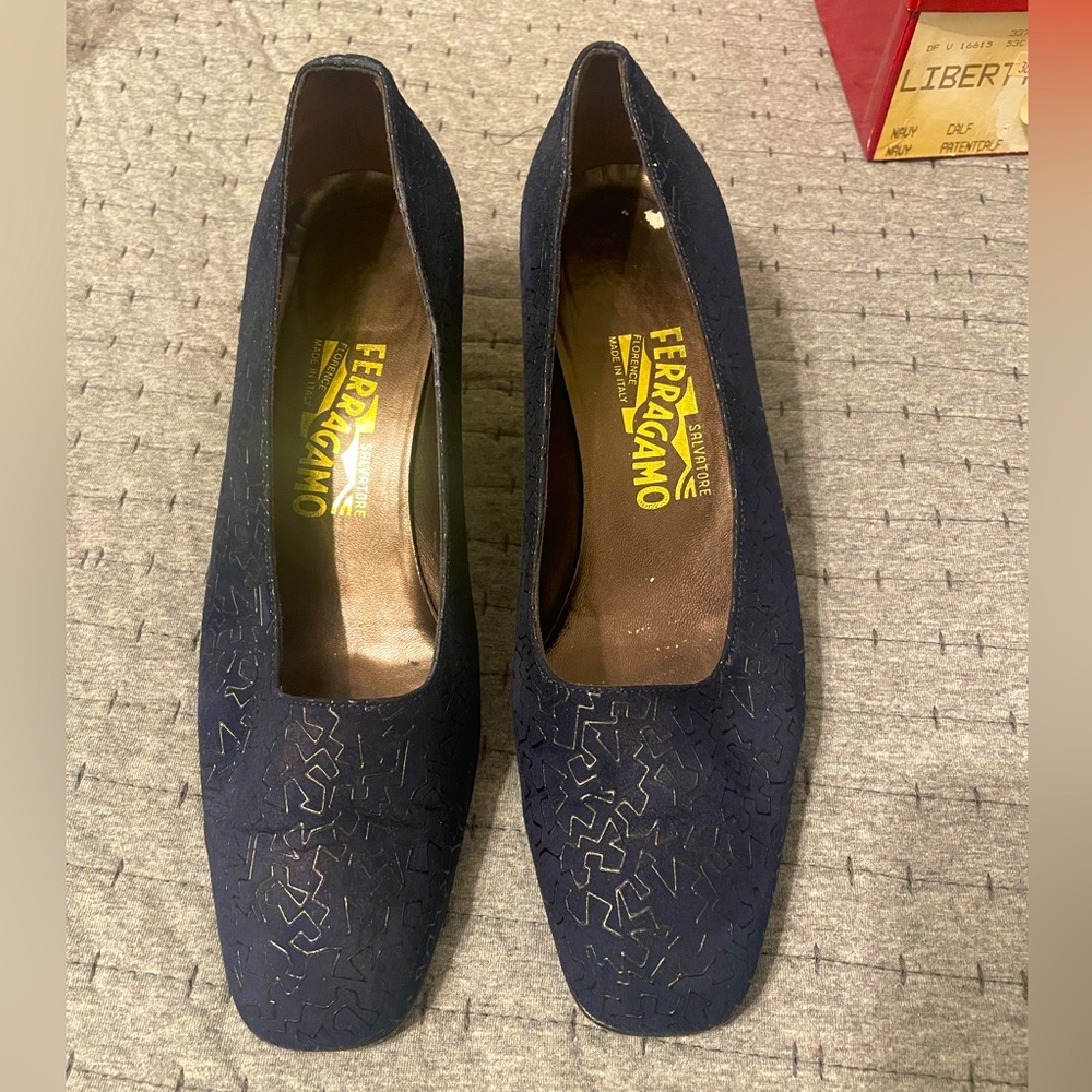 Salvator Ferragamo Navy Heel shoes.